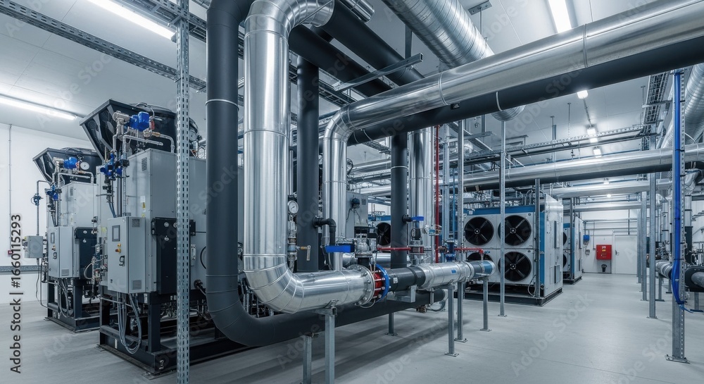Poster visual of robust piping infrastructure linking multiple chillers to the arenas air handling units an