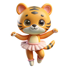 Adorable cartoon tiger ballerina in a pink tutu on a black background