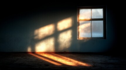 Sunlight streams through a window into a room with plain walls and wooden flooring,