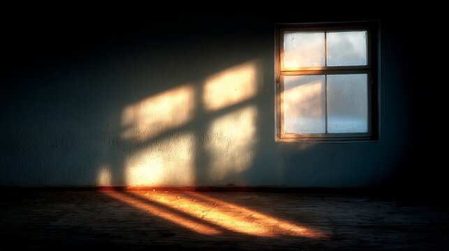 Sunlight streams through a window into a room with plain walls and wooden flooring,