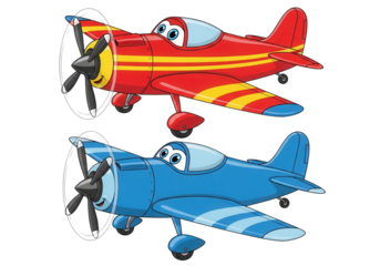 Isolated Cartoon Propeller Airplanes Graphic Set. Red and Blue Aircraft Illustration for Kids
