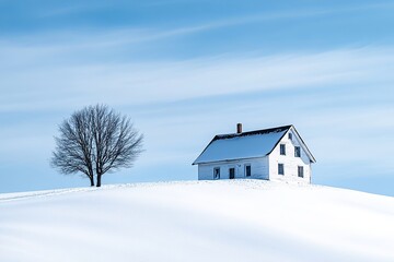 A solitary house and tree stand on a gentle snow-covered hill under a clear blue sky, creating a serene winter landscape.