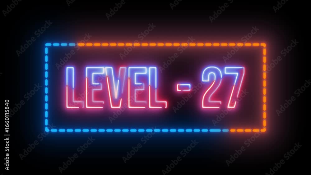Poster neon multicolor level 27 text animation with dotted rectangle border on black background