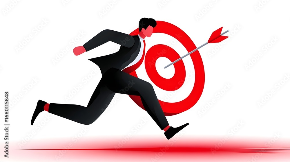 Poster determined man running towards a target goal.