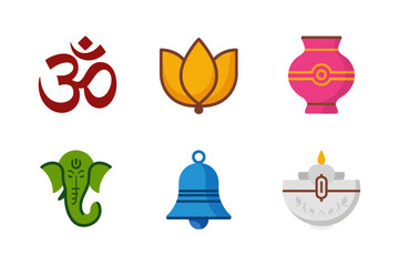 Sacred symbols bundle, om lotus kalash diya conch bell, spiritual festival icon set, colorful vector elements
