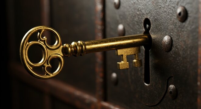Antique golden key inserted into a dark metal lock, intricate details visible. - Powered by Adobe