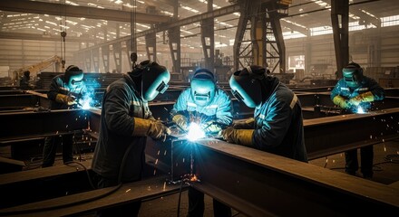Industrial welders actively working on metal beams with intense welding arcs in a factory setting.