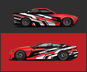 Two Sport Cars with Red White and Black Racing Livery on Contrasting Backgrounds