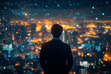 A person stands in front of a digital world map display, illuminated with glowing blue and pink lights, representing global connectivity and technology.