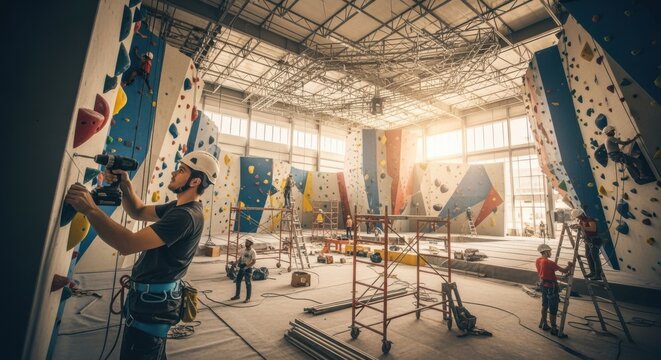 Wide angle of a burgeoning indoor climbing gym with workers fastening wall panels showing the scale and complexity of facility setup.
