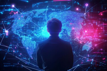 A person stands in front of a digital world map display, illuminated with glowing blue and pink lights, representing global connectivity and technology.