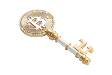 Bitcoin coin turned into a golden key on a black background