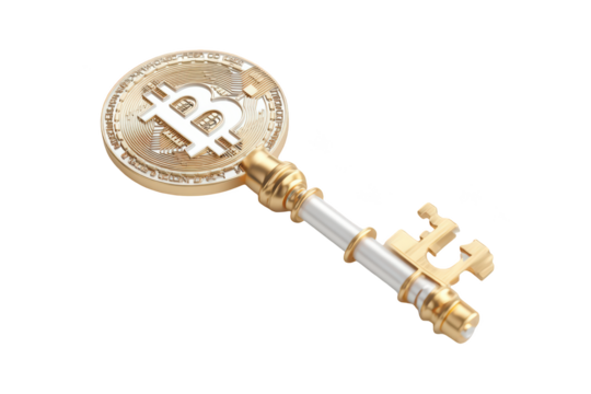 Bitcoin coin turned into a golden key on a black background