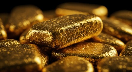 A close-up view of several shiny, textured gold bars or nuggets piled together, reflecting light.