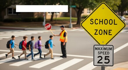Street near a school with yellow “School Zone” sign, children crossing with crossing guard, warm daylight, blurred background