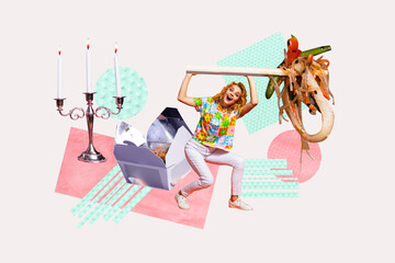 Obraz premium Creative 3d full art image collage of happy girl carry big chopsticks bite noodle asian food candlestick fast food chinese order