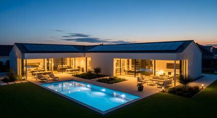 Fototapeta premium Modern house with swimming pool illuminated at twilight in the evening