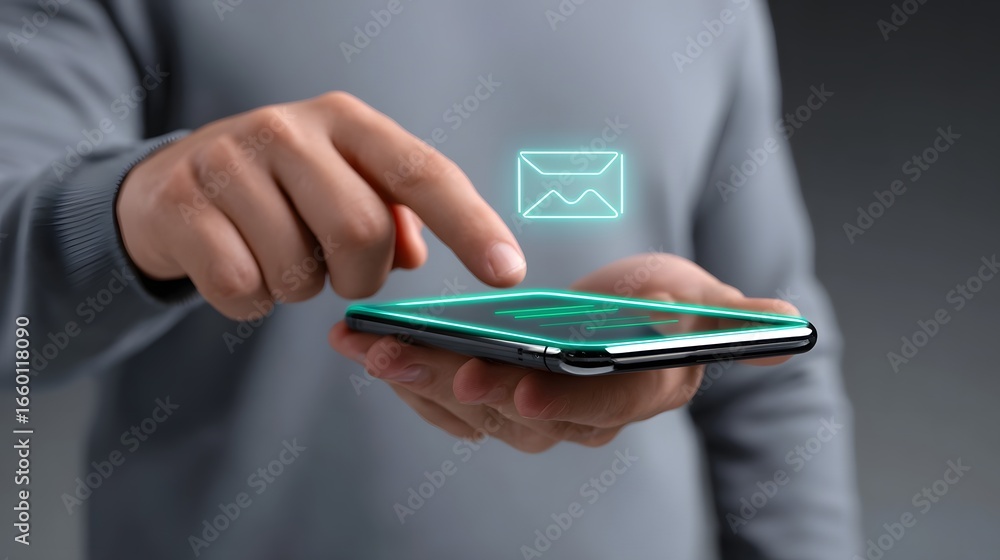 Poster person using a smartphone with a messaging icon on the screen