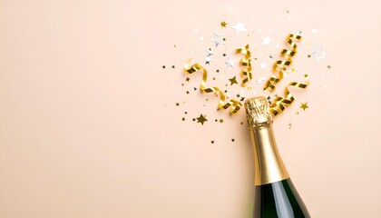 Champagne bottle with a festive explosion of golden confetti and streamers on a pastel pink background for party celebrations.