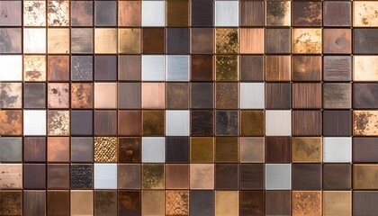 Elegant mosaic of square metal tiles in warm earth tones, showcasing diverse finishes for a modern interior design.