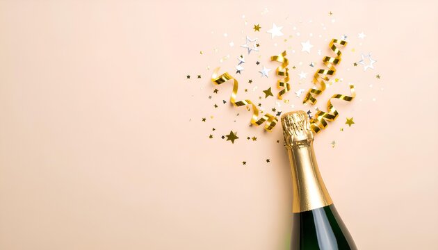 Champagne bottle with a festive explosion of golden confetti and streamers on a pastel pink background for party celebrations.