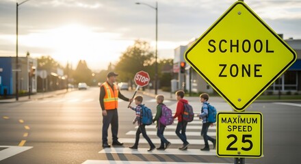 Street near a school with yellow “School Zone” sign, children crossing with crossing guard, warm daylight, blurred background