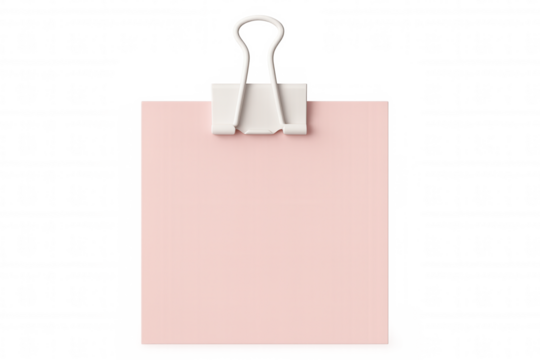Binder clip holding pink sticky note paper on transparent background, creating a simple yet effective visual for reminders or announcements