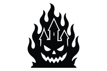 Spooky Silhouette of a Haunted House with Flames Erupting in a Dark Halloween Night, Casting Eerie Shadows