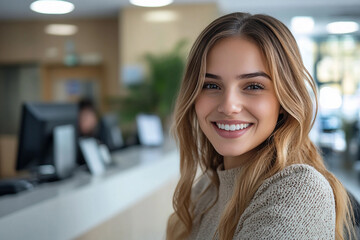Portrait of a smiling young female hotel receptionist generative AI image
