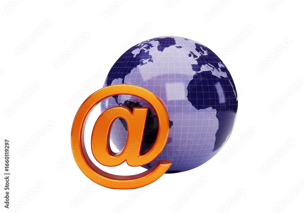 Poster 3d globe with @ symbol connected to the world wide web isolated on transparent background