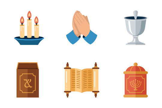 Jewish holiday objects, candles prayer hands kiddush cup Torah scroll charity box, worship vector icons