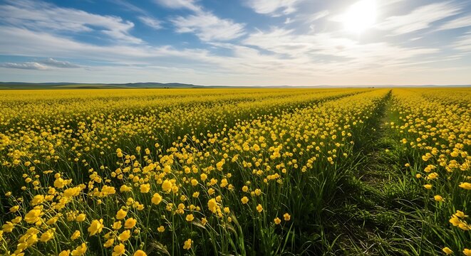 Vibrant yellow flower field under a clear blue sky offering visual depth and serenity