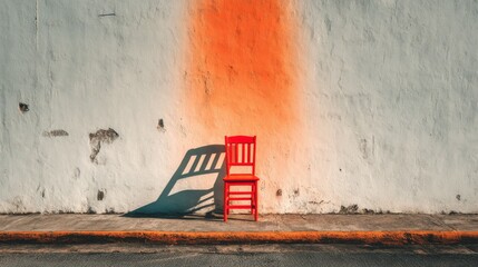 A solitary red wooden chair stands against a weathered white wall with peeling paint,