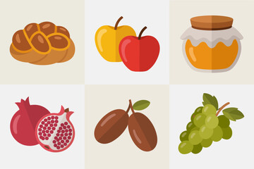 Rosh Hashanah foods, round challah apples honey pomegranate dates grapes, holiday vector icons