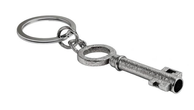 Detailed silver key on a keyring, isolated against a black background