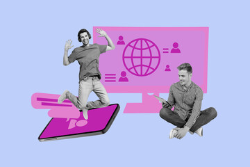 Contemporary image art collage of happy girl guy stand phone screen notification pc monitor web...
