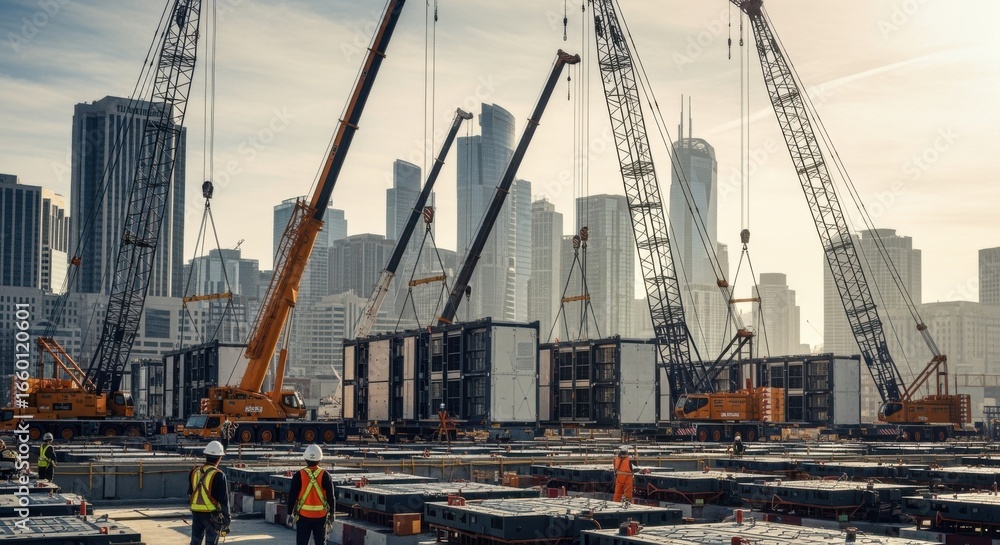 Poster wideangle view of an extensive modular data center setup as multiple crane operations coordinate blo