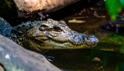 Fototapeta premium Close-up of a young crocodile's head, showcasing its textured skin and watchful gaze, emerging from the murky water's edge.