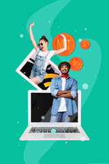 Sketch pop contemporary photo collage of happy businessman businesswoman freelancer receive bitcoin coin transaction crypto