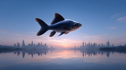 Surreal fish swimming above a city skyline reflection