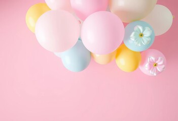 Whimsical pastel balloons & iridescent clover flowers float on soft pink ,  invitation,  spring