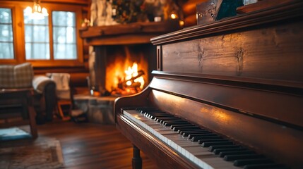 Wooden Piano Near A Cozy Fireplace In A Cabin