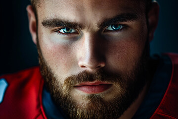 Obraz premium Close-Up Portrait of a Determined American Football Player Wearing Helmet, Generative AI art