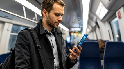 Man using smartphone on train - Powered by Adobe