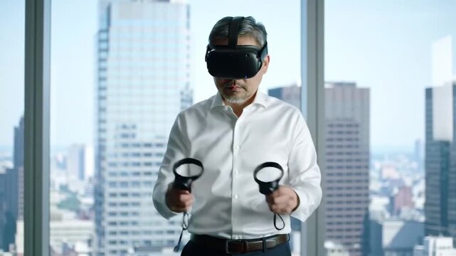 Asian Businessman Using VR Headset and Controllers in Modern Office with City View