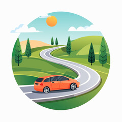 Obraz premium Scenic Winding Road With Orange Car In Cartoon Landscape