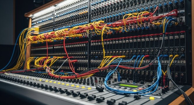 Wide frame of a large patchbay panel connected to an audio mixer displaying the extensive patching options in broadcast or recording studios.