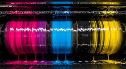 Dynamic cmyk ink distribution illustrating vibrant chromatic intensity and viscosity