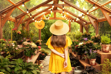 Back view. Woman in yellow dress and boatman's straw hat. Girl with long hair and in straw hat with...