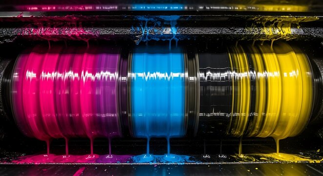 Dynamic cmyk ink distribution illustrating vibrant chromatic intensity and viscosity